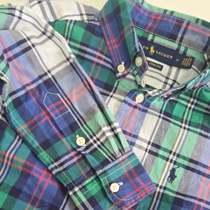 Ralph Lauren Boys Size 5 Plaid Button Down Shirt Blue Green Pony Logo Long Sleev